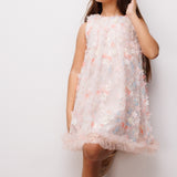 Somon  Çiçek Kabartmalı Kız Çocuk Elbise - Ivory