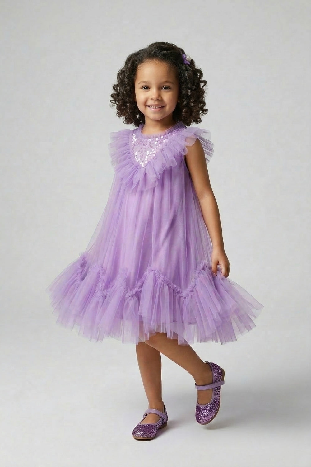 Lila Boncuk Detaylı Eteği Zikzaklı Kız Çocuk Elbise - Cherish