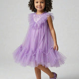 Lila Boncuk Detaylı Eteği Zikzaklı Kız Çocuk Elbise - Cherish