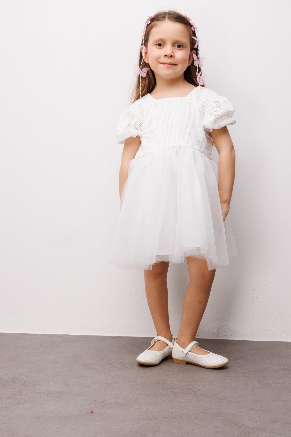 Beyaz Tül Etekli Dantel Detaylı Kız Çocuk Elbise - Nora