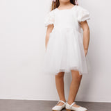 Beyaz Tül Etekli Dantel Detaylı Kız Çocuk Elbise - Nora