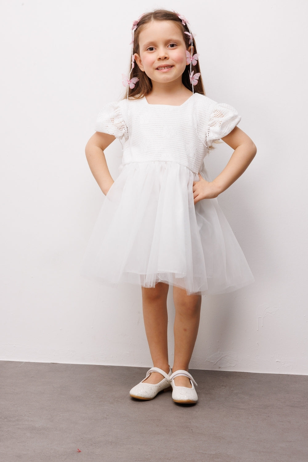 Beyaz Tül Etekli Dantel Detaylı Kız Çocuk Elbise - Nora