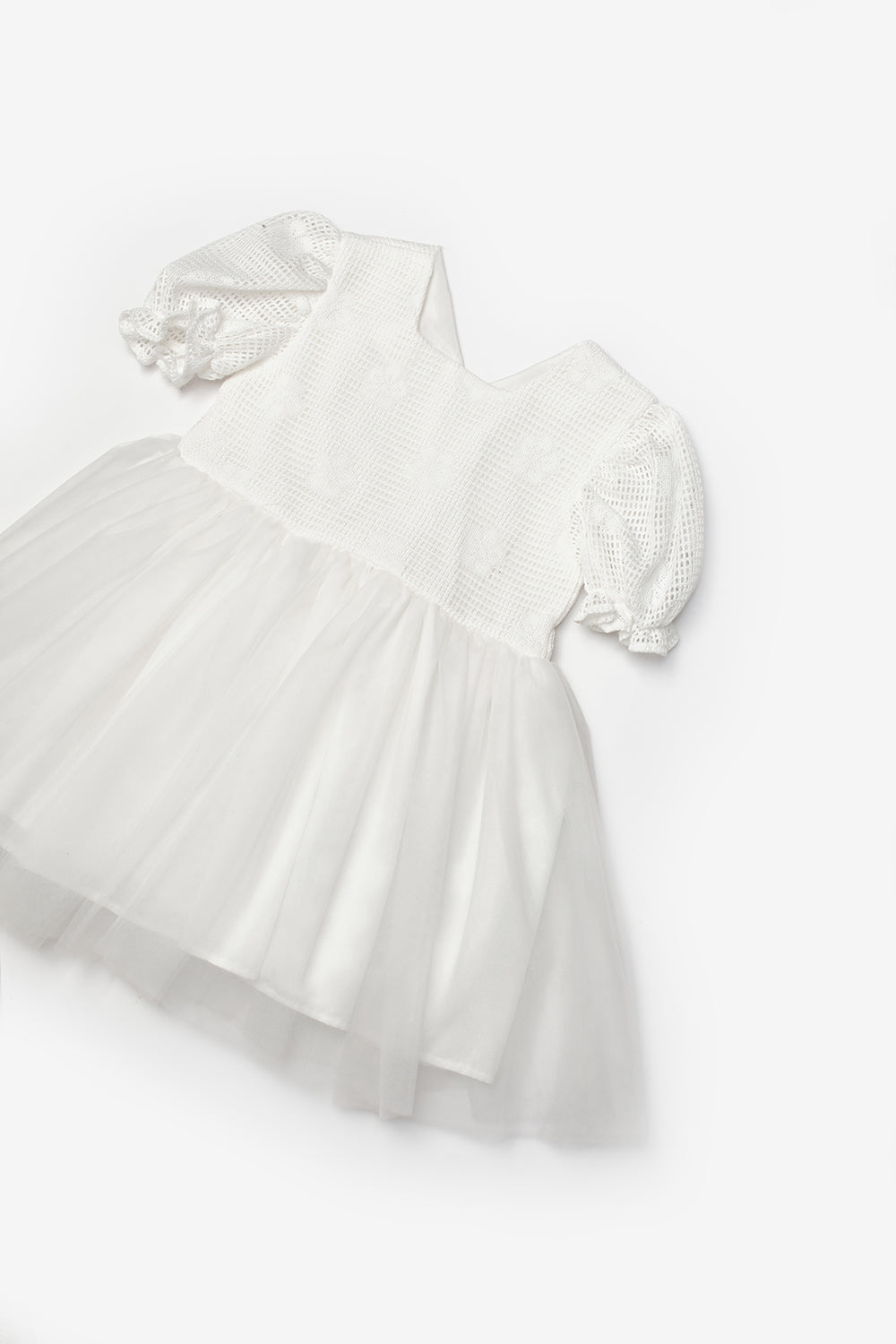 Beyaz Tül Etekli Dantel Detaylı Kız Çocuk Elbise - Nora