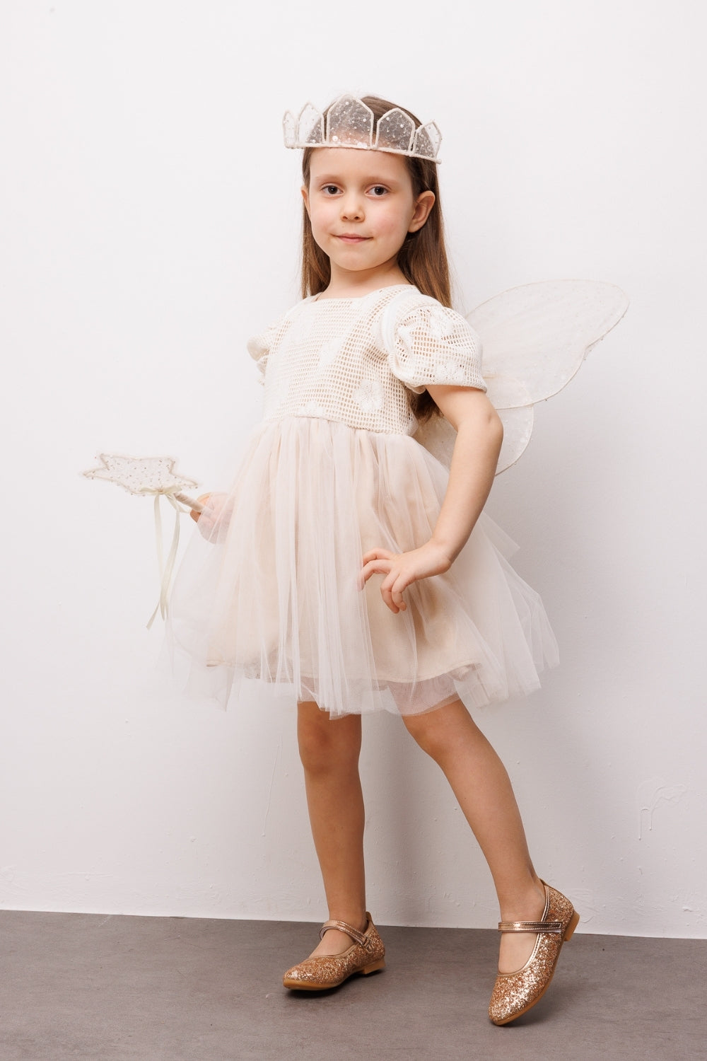 Krem Tül Etekli Dantel Detaylı Kız Çocuk Elbise - Nora
