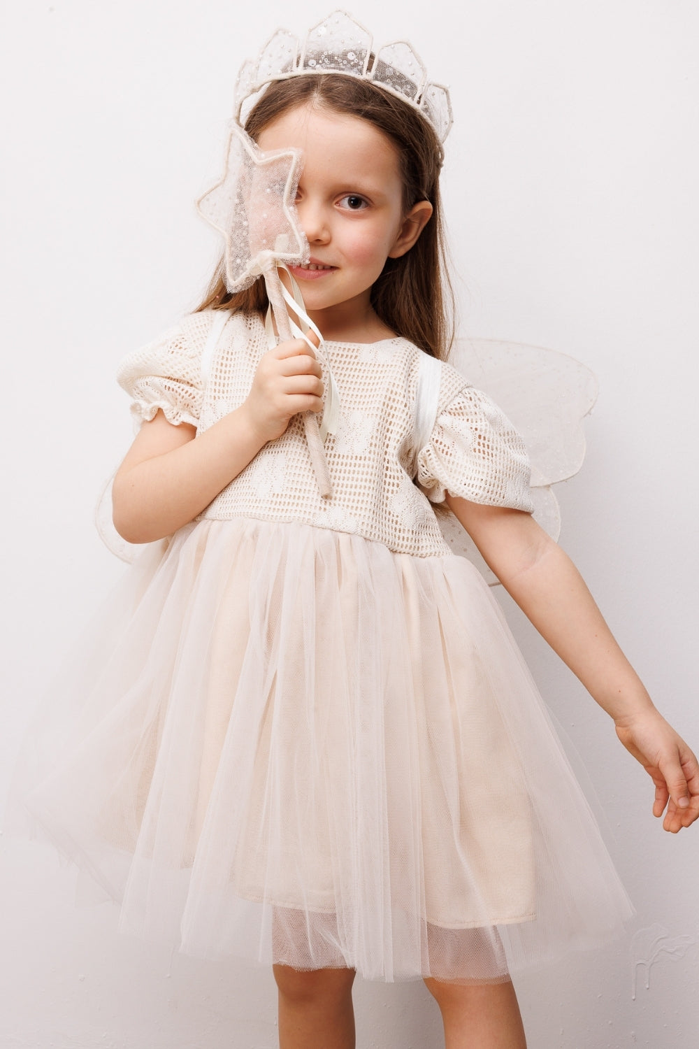 Krem Tül Etekli Dantel Detaylı Kız Çocuk Elbise - Nora