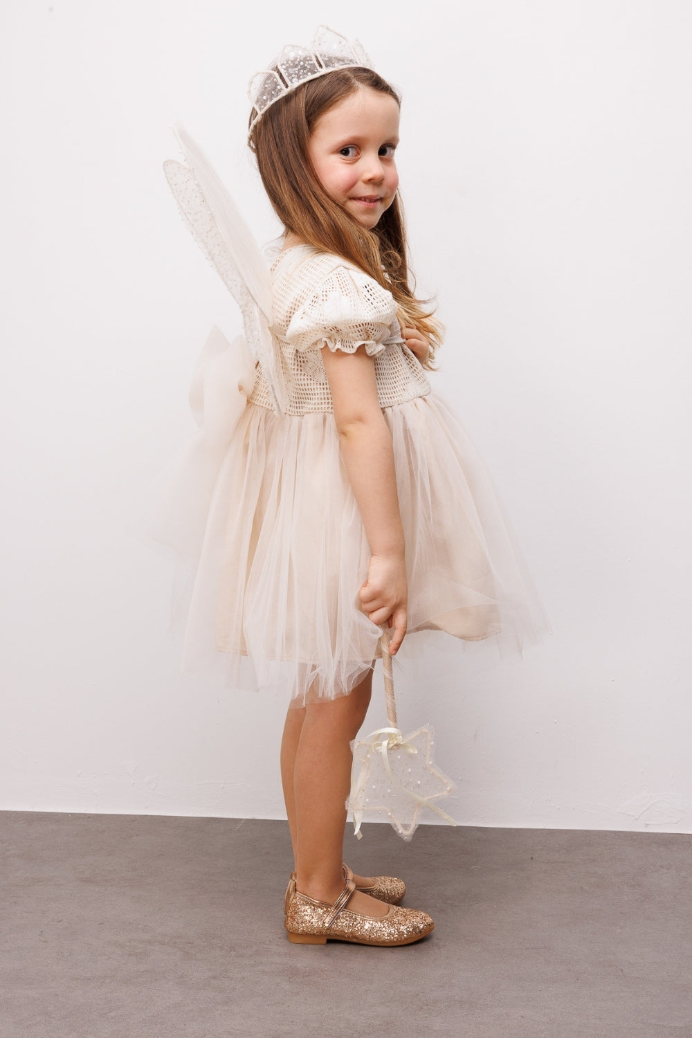 Krem Tül Etekli Dantel Detaylı Kız Çocuk Elbise - Nora
