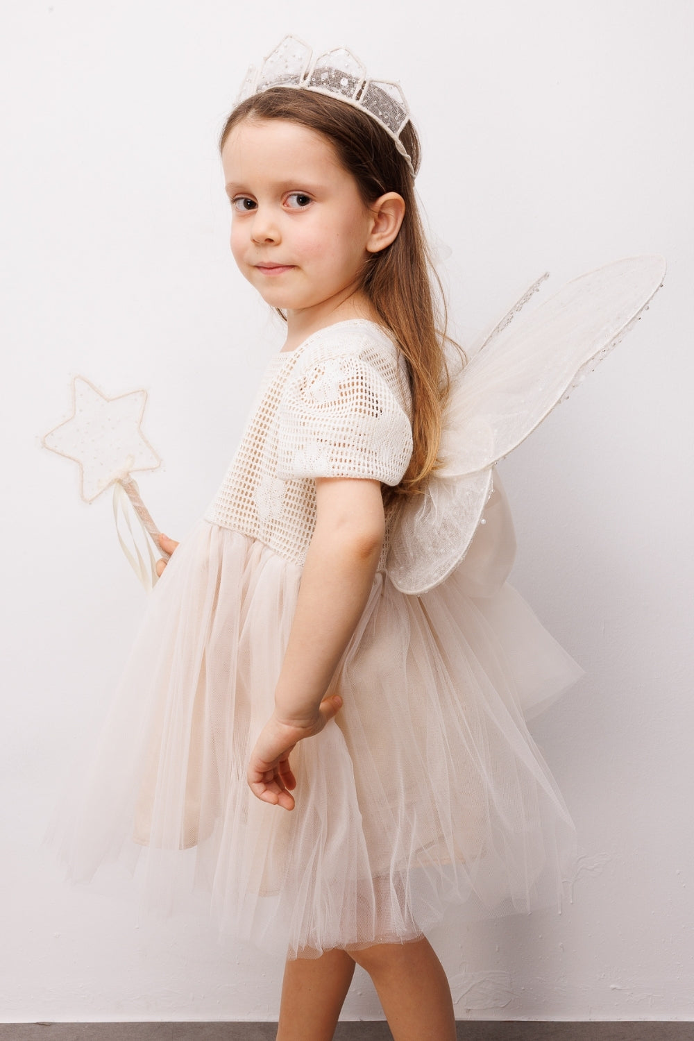 Krem Tül Etekli Dantel Detaylı Kız Çocuk Elbise - Nora