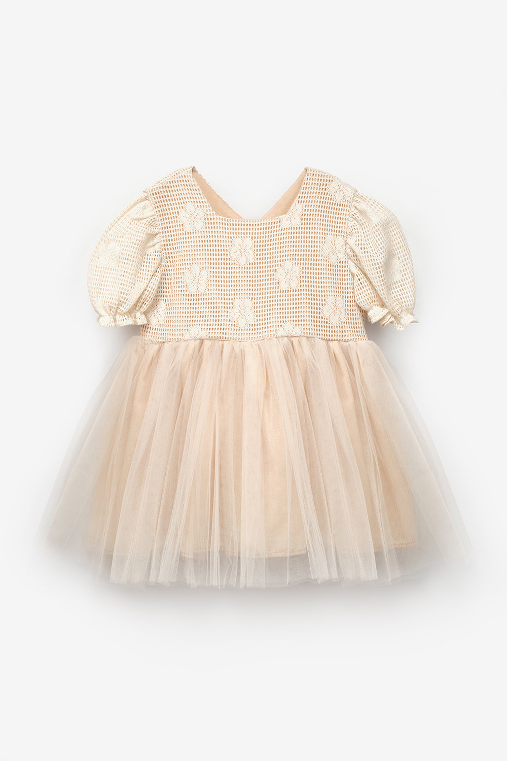 Krem Tül Etekli Dantel Detaylı Kız Çocuk Elbise - Nora