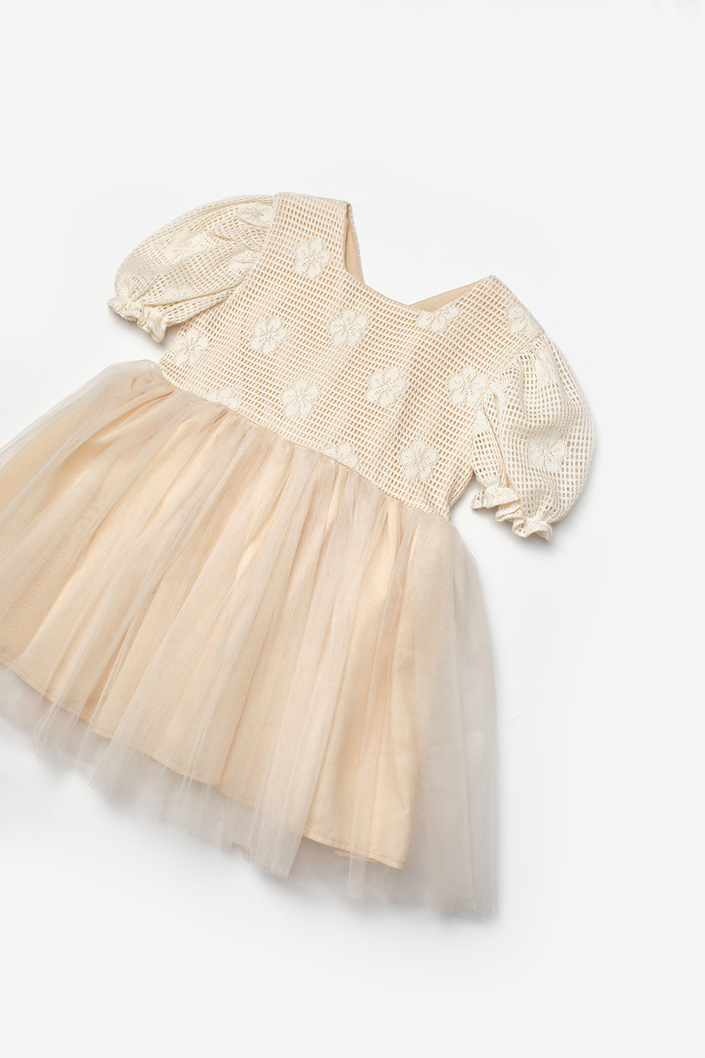 Krem Tül Etekli Dantel Detaylı Kız Çocuk Elbise - Nora