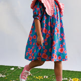 Mavi Sivri Yakalı Çiçek Desenli Kız Çocuk Elbise - Megan