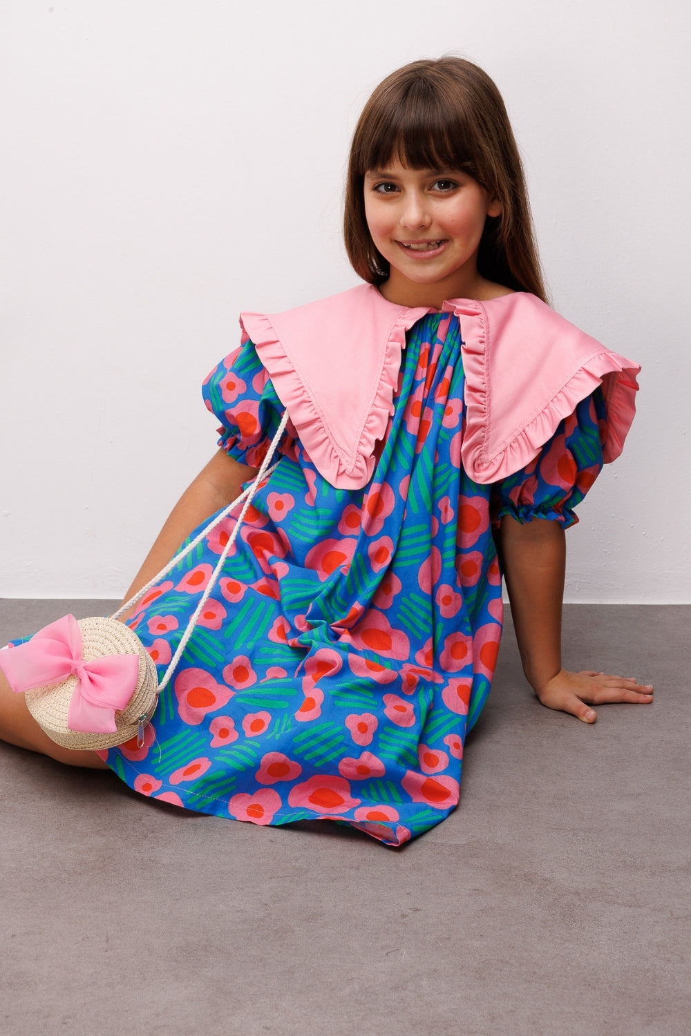 Mavi Sivri Yakalı Çiçek Desenli Kız Çocuk Elbise - Megan