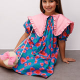 Mavi Sivri Yakalı Çiçek Desenli Kız Çocuk Elbise - Megan