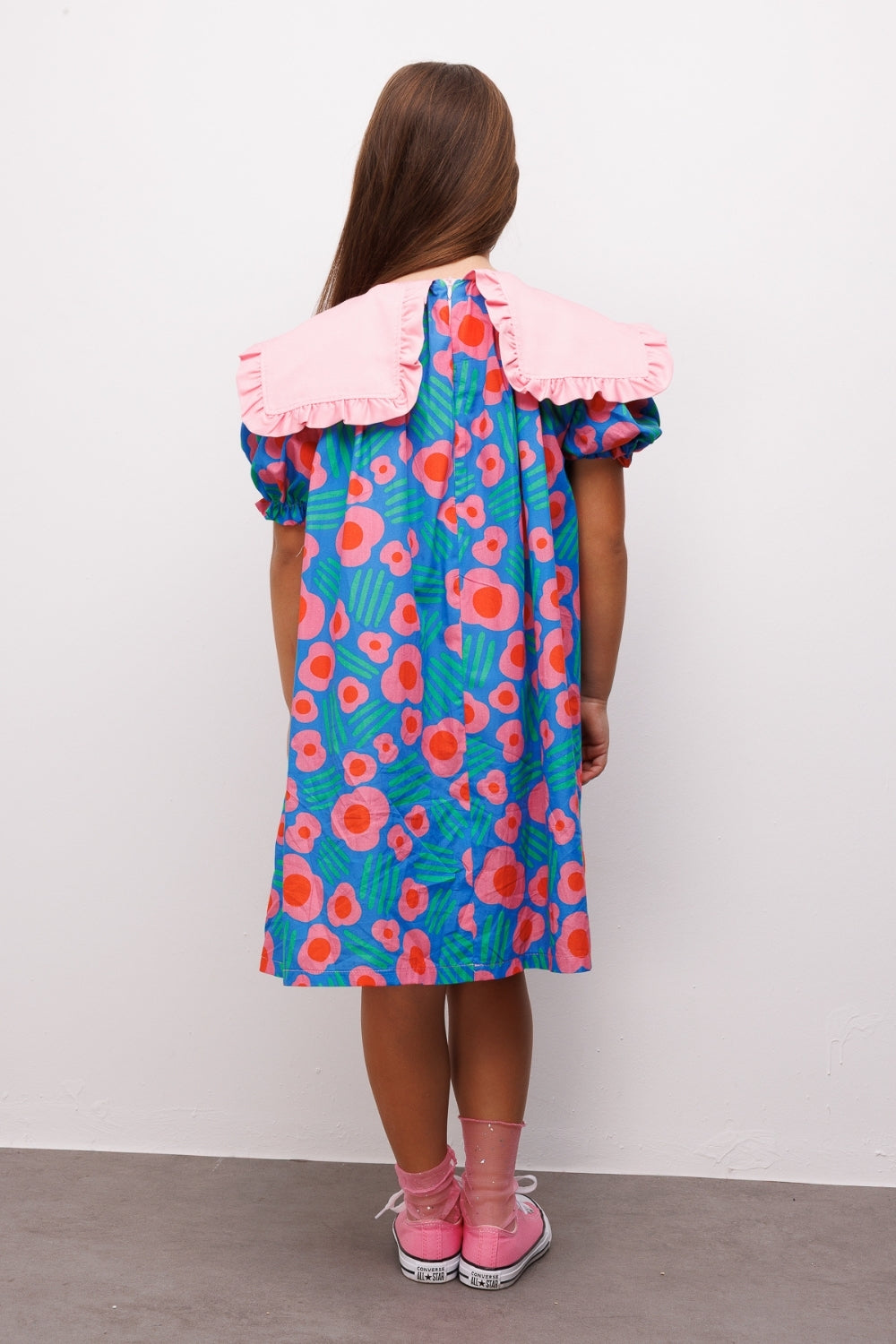 Mavi Sivri Yakalı Çiçek Desenli Kız Çocuk Elbise - Megan