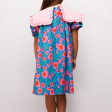 Mavi Sivri Yakalı Çiçek Desenli Kız Çocuk Elbise - Megan