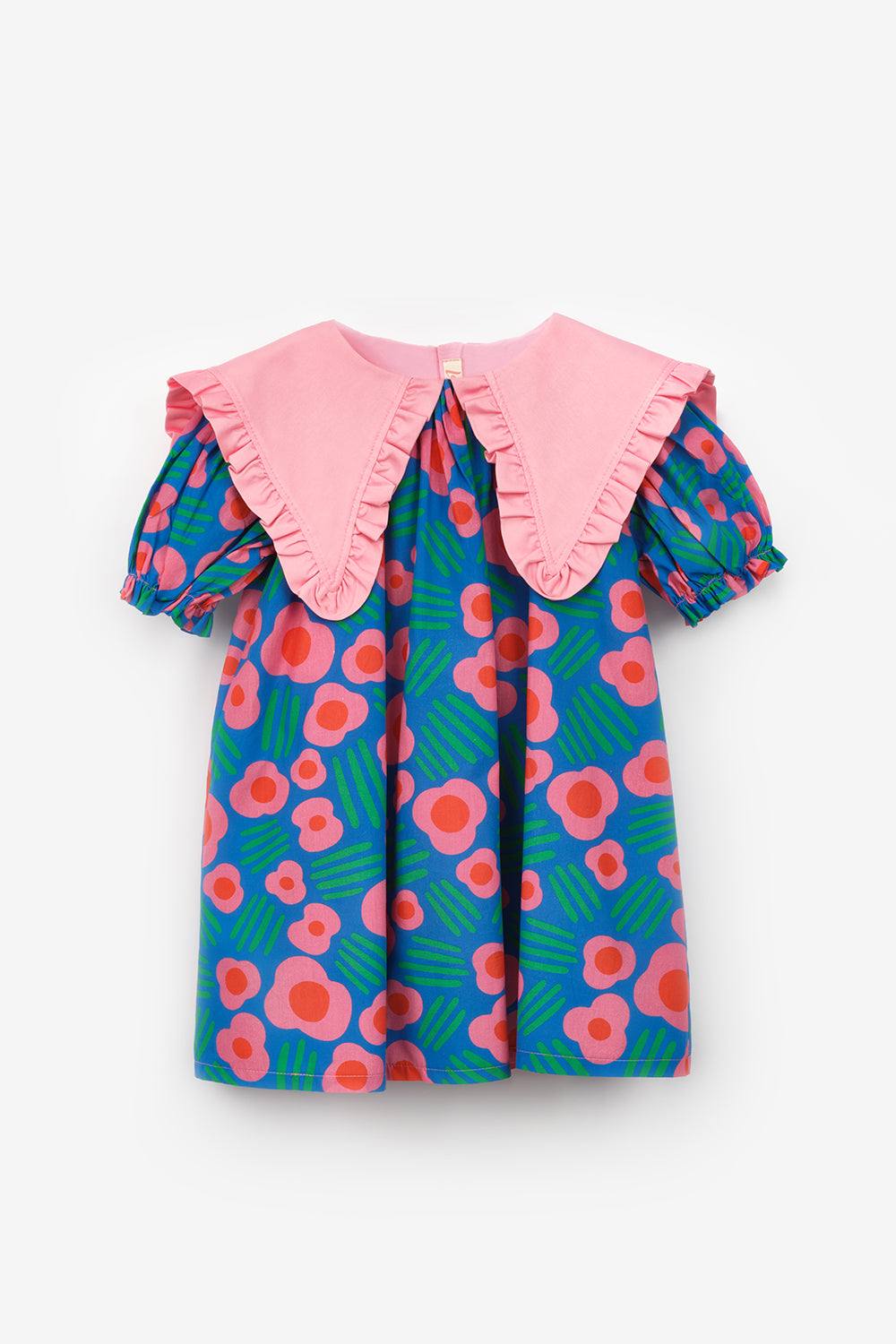 Mavi Sivri Yakalı Çiçek Desenli Kız Çocuk Elbise - Megan