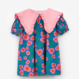 Mavi Sivri Yakalı Çiçek Desenli Kız Çocuk Elbise - Megan