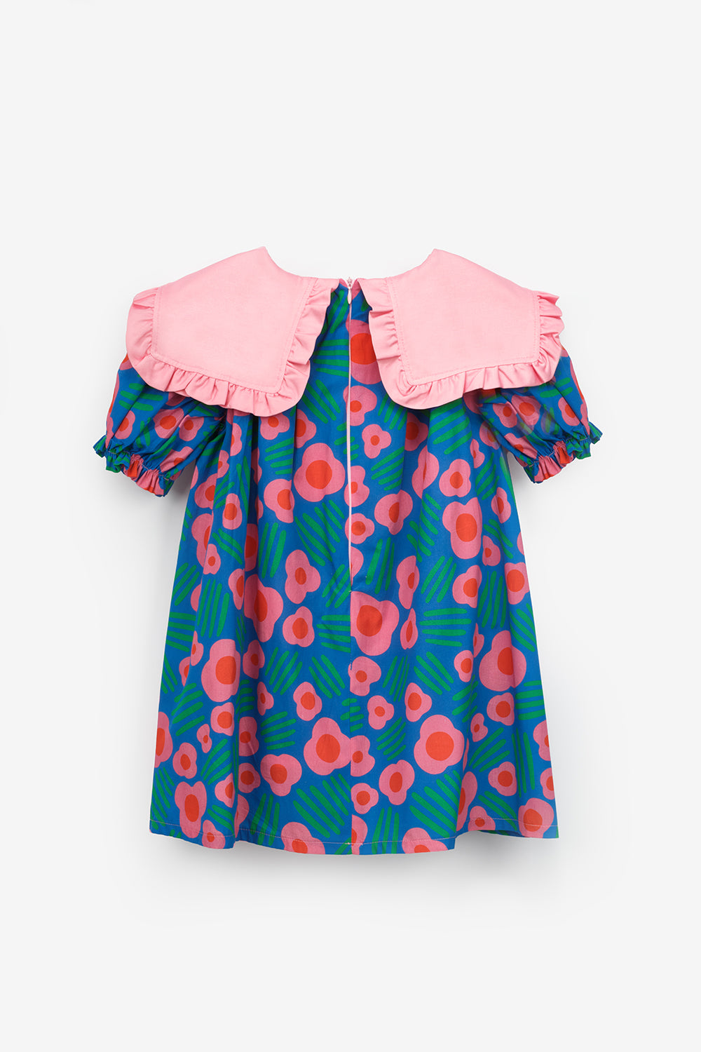 Mavi Sivri Yakalı Çiçek Desenli Kız Çocuk Elbise - Megan