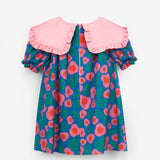 Mavi Sivri Yakalı Çiçek Desenli Kız Çocuk Elbise - Megan