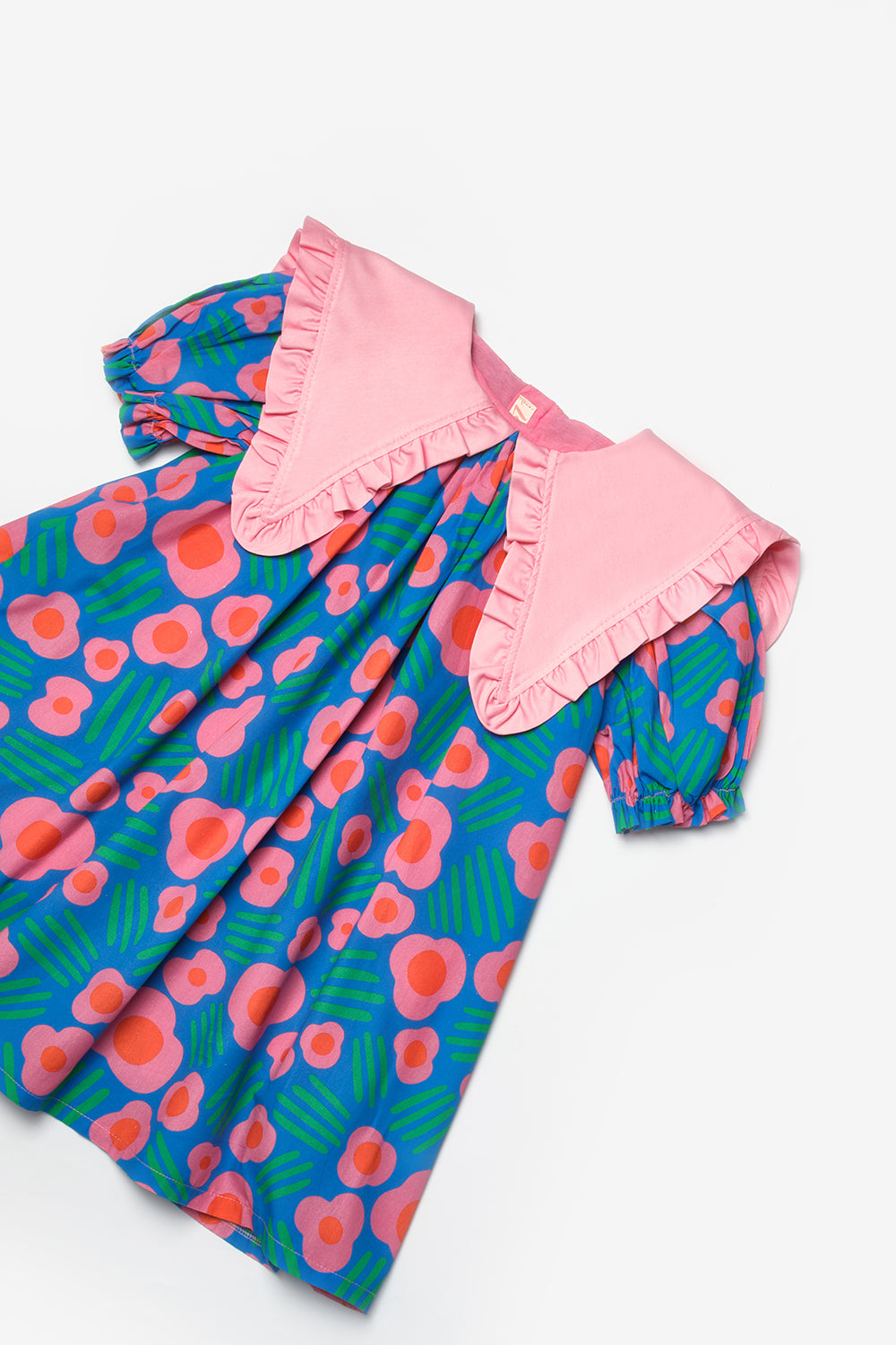 Mavi Sivri Yakalı Çiçek Desenli Kız Çocuk Elbise - Megan