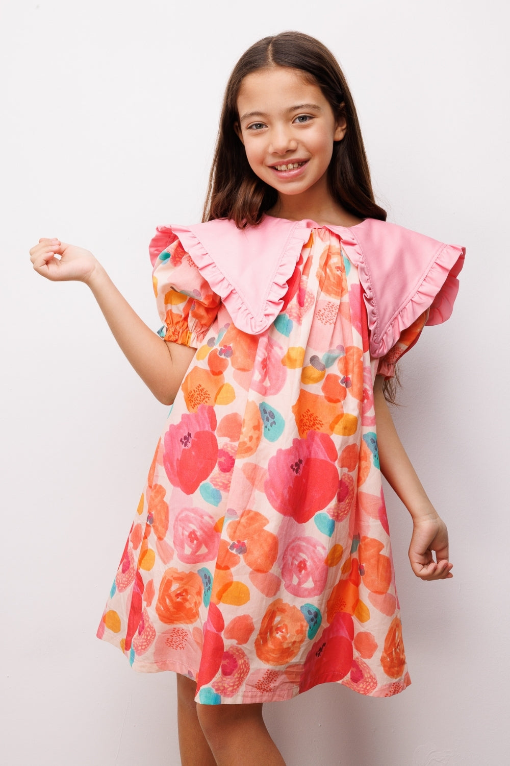 Pudra Sivri Yakalı Çiçek Desenli Kız Çocuk Elbise - Megan