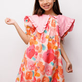 Pudra Sivri Yakalı Çiçek Desenli Kız Çocuk Elbise - Megan