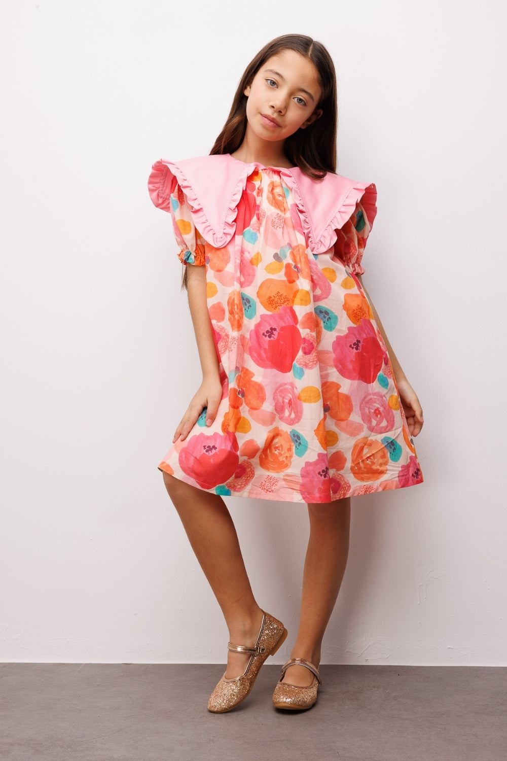 Pudra Sivri Yakalı Çiçek Desenli Kız Çocuk Elbise - Megan