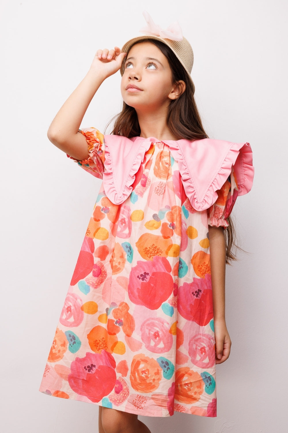 Pudra Sivri Yakalı Çiçek Desenli Kız Çocuk Elbise - Megan