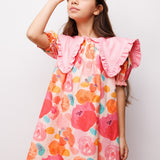 Pudra Sivri Yakalı Çiçek Desenli Kız Çocuk Elbise - Megan