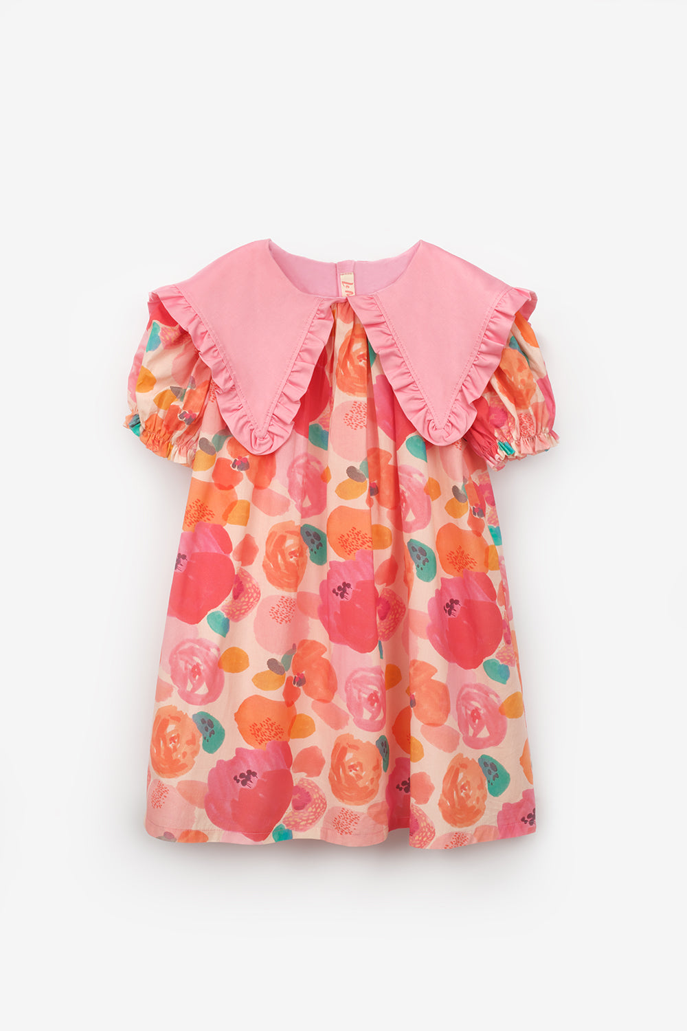Pudra Sivri Yakalı Çiçek Desenli Kız Çocuk Elbise - Megan