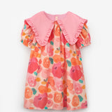 Pudra Sivri Yakalı Çiçek Desenli Kız Çocuk Elbise - Megan