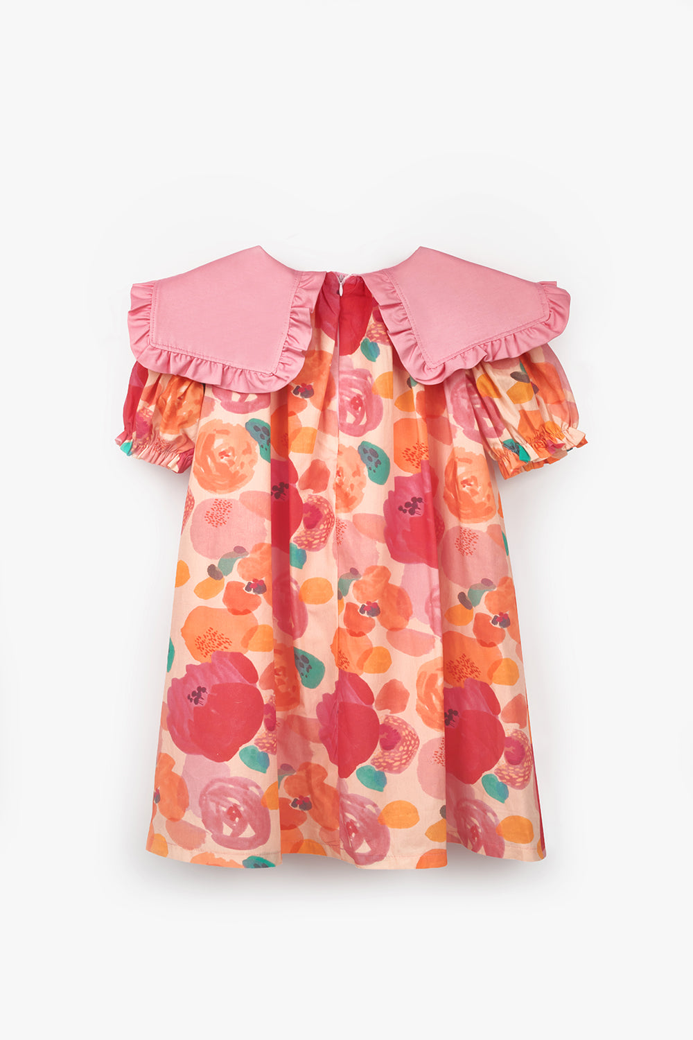 Pudra Sivri Yakalı Çiçek Desenli Kız Çocuk Elbise - Megan