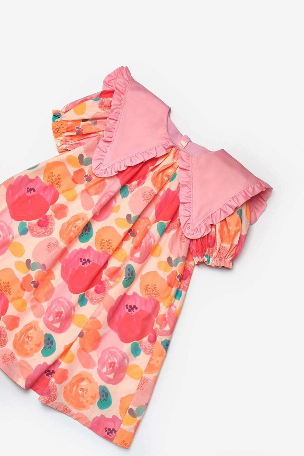 Pudra Sivri Yakalı Çiçek Desenli Kız Çocuk Elbise - Megan