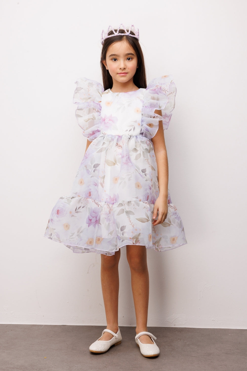 Lila Çiçek Desenli Organze Kız Çocuk Elbise - Uliana