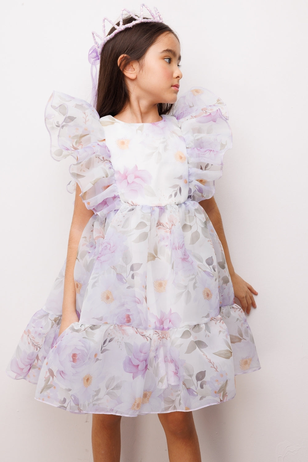 Lila Çiçek Desenli Organze Kız Çocuk Elbise - Uliana