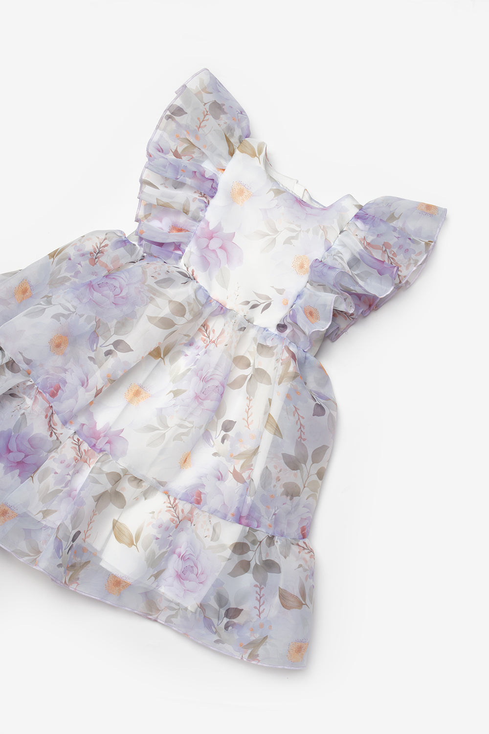 Lila Çiçek Desenli Organze Kız Çocuk Elbise - Uliana