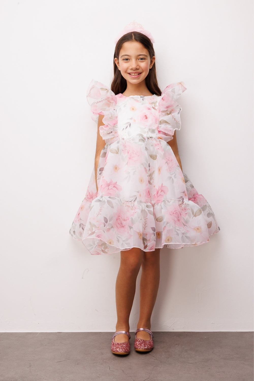 Pembe Çiçek Desenli Organze Kız Çocuk Elbise - Uliana