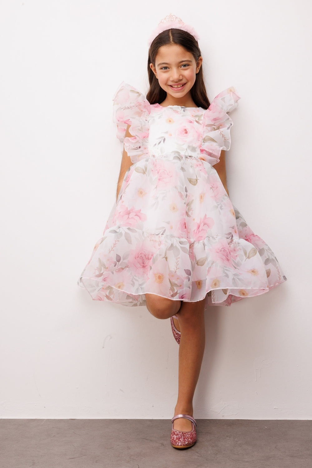 Pembe Çiçek Desenli Organze Kız Çocuk Elbise - Uliana