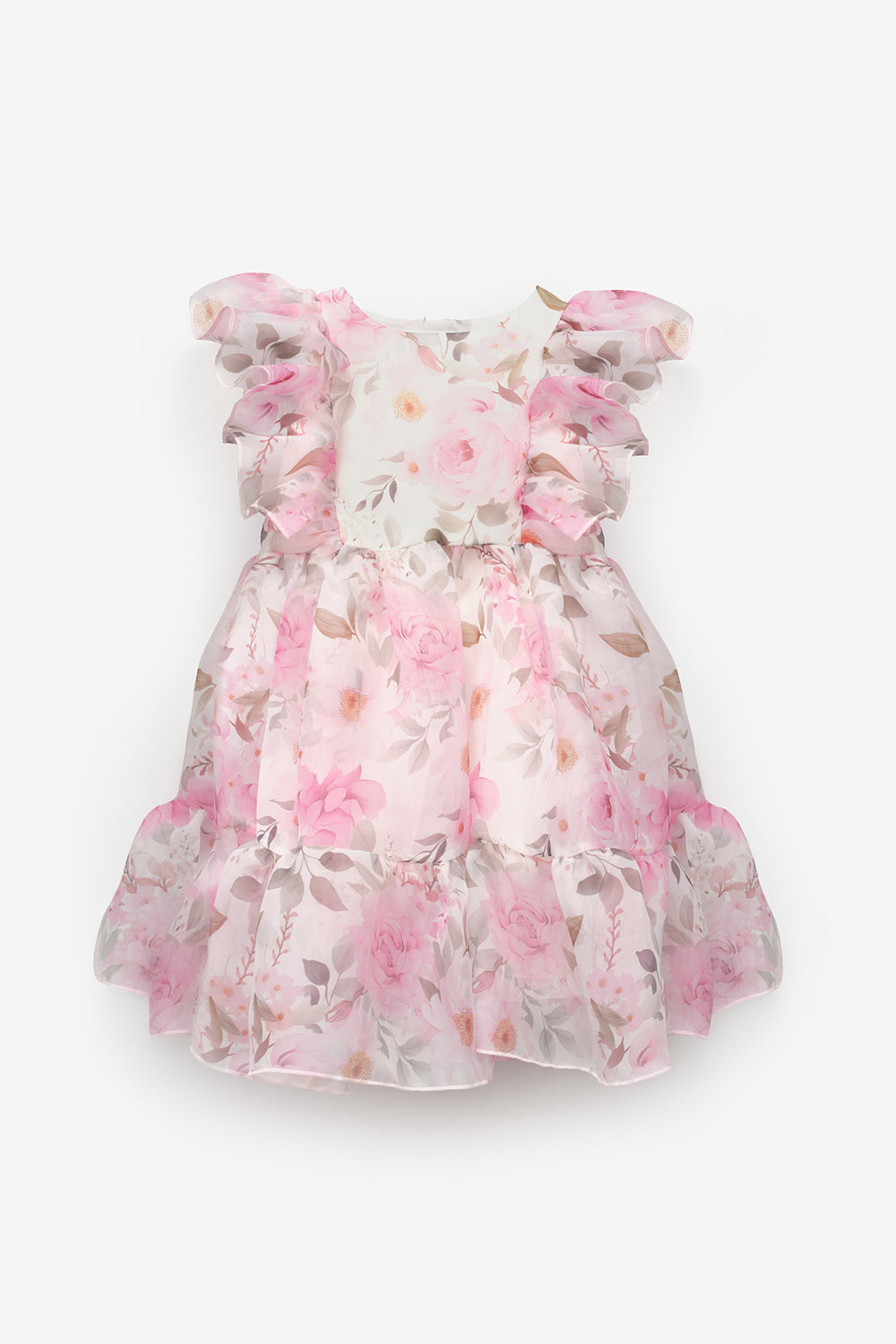 Pembe Çiçek Desenli Organze Kız Çocuk Elbise - Uliana