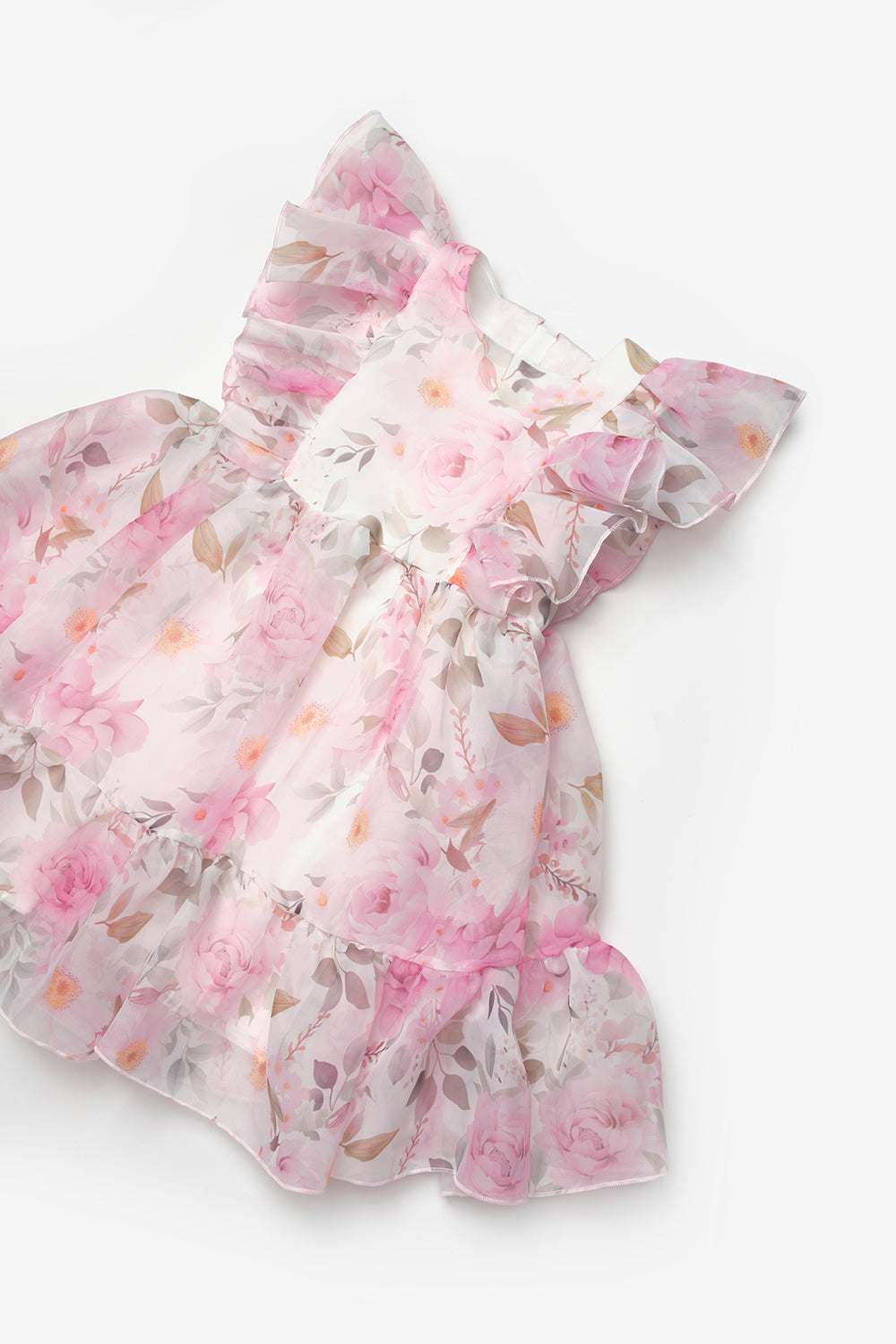 Pembe Çiçek Desenli Organze Kız Çocuk Elbise - Uliana