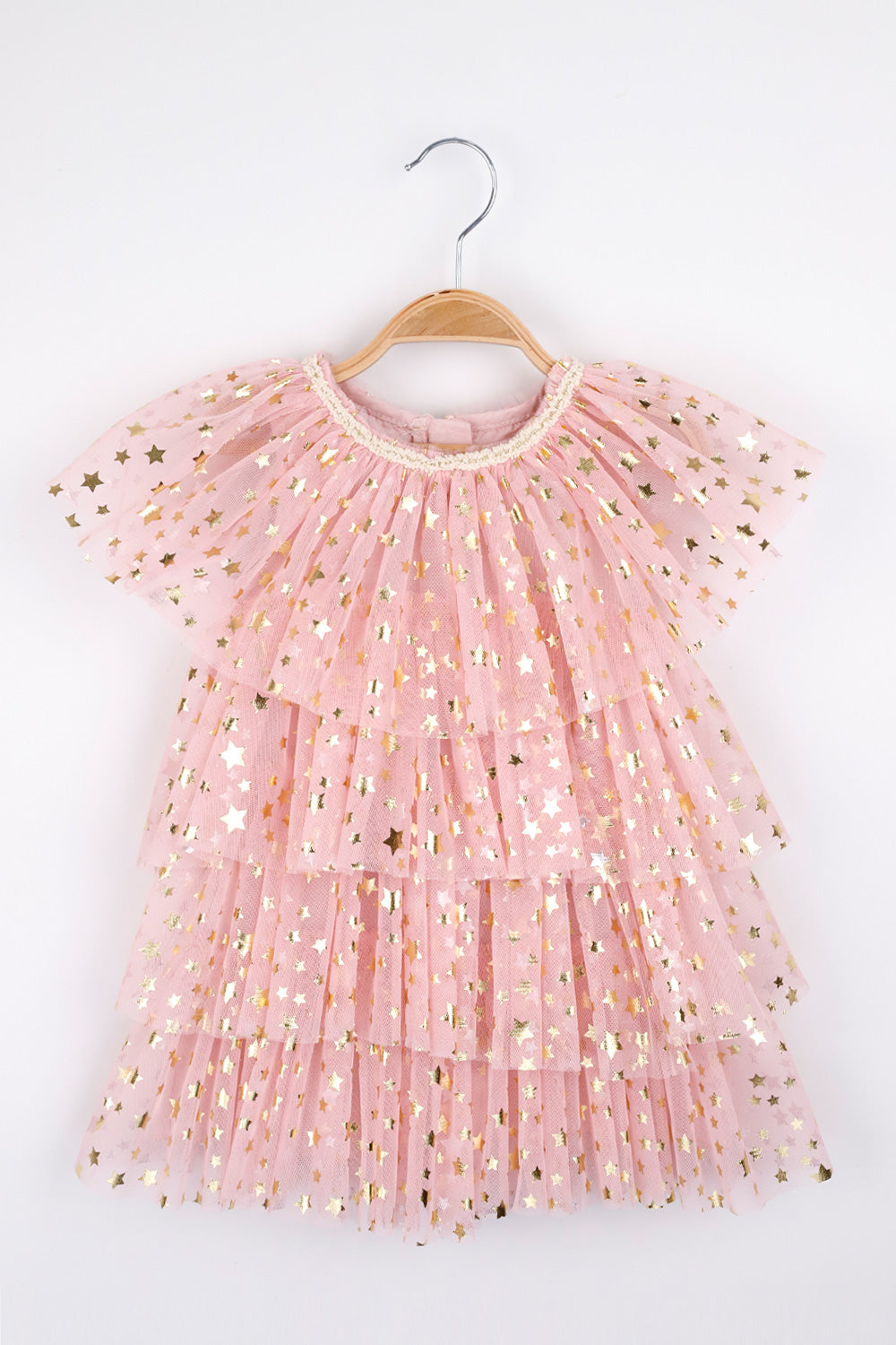 Pudra  Yıldız Baskılı Katlı Tül Kız Bebek Elbise - Estela