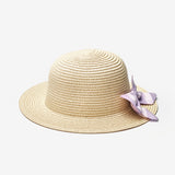 Lila  Çizgili Fiyonklu Çocuk Hasır Şapka