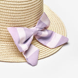 Lila  Çizgili Fiyonklu Çocuk Hasır Şapka