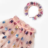 Pudra Pullu Yıldız Desenli Kız Çocuk Parti Pelerin Taç Set