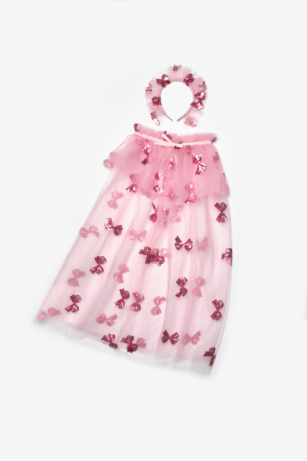 Pembe Pullu Fiyonk Desenli Kız Çocuk Parti Pelerin Taç Set
