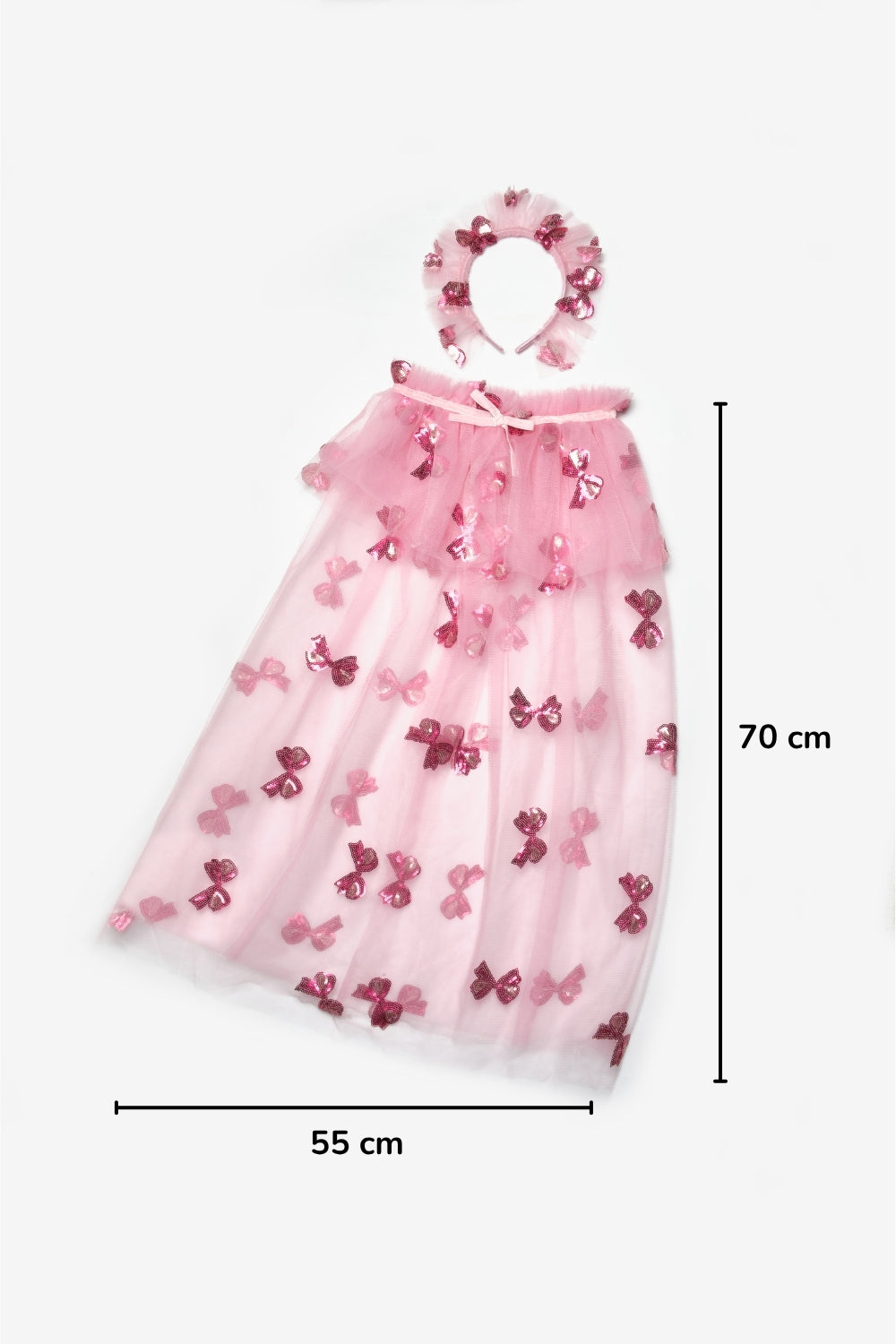 Pembe Pullu Fiyonk Desenli Kız Çocuk Parti Pelerin Taç Set