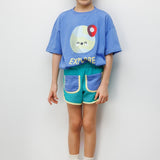 Mavi Mottolu Figürlü Çocuk Tişört Şort İkili Takım - Lole