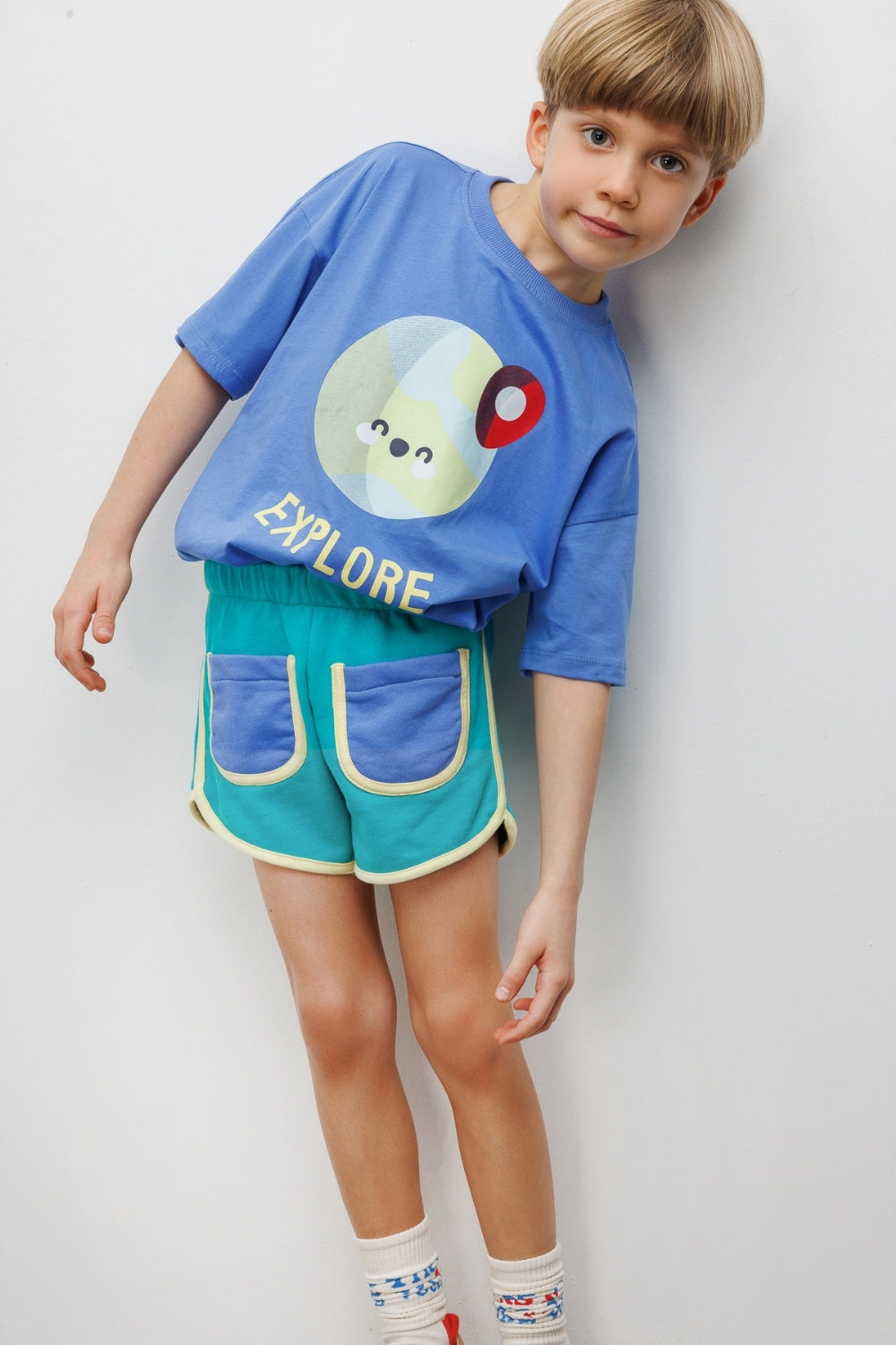 Mavi Mottolu Figürlü Çocuk Tişört Şort İkili Takım - Lole