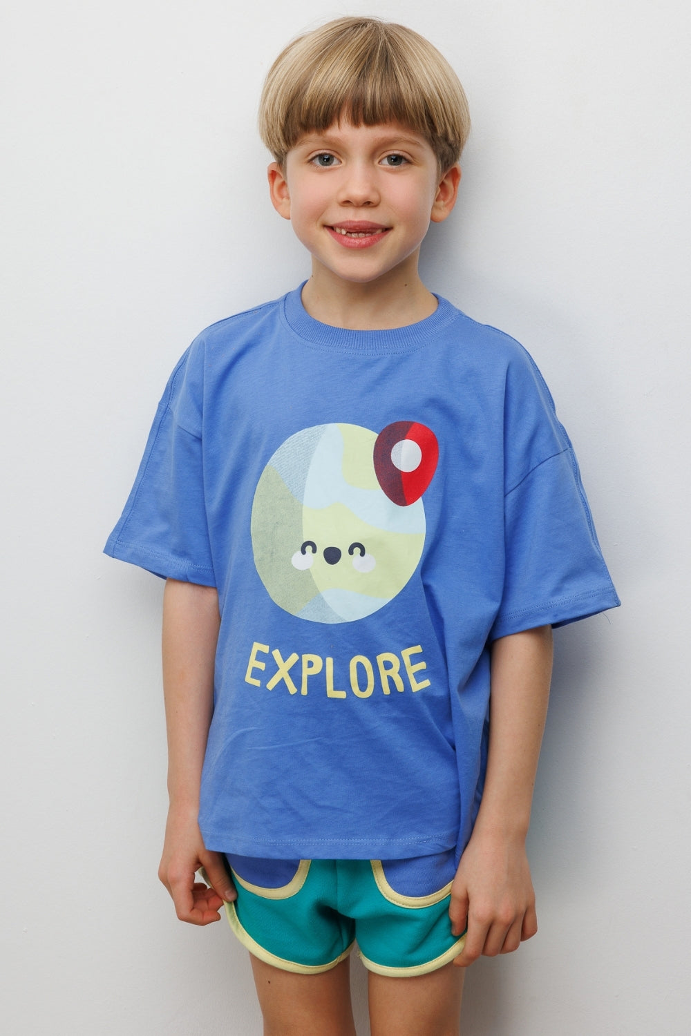 Mavi Mottolu Figürlü Çocuk Tişört Şort İkili Takım - Lole