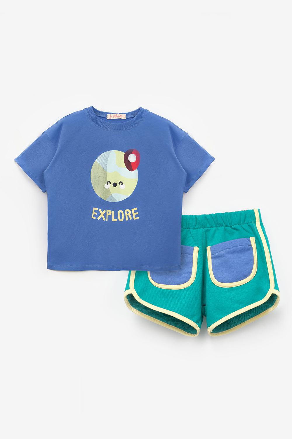 Mavi Mottolu Figürlü Çocuk Tişört Şort İkili Takım - Lole