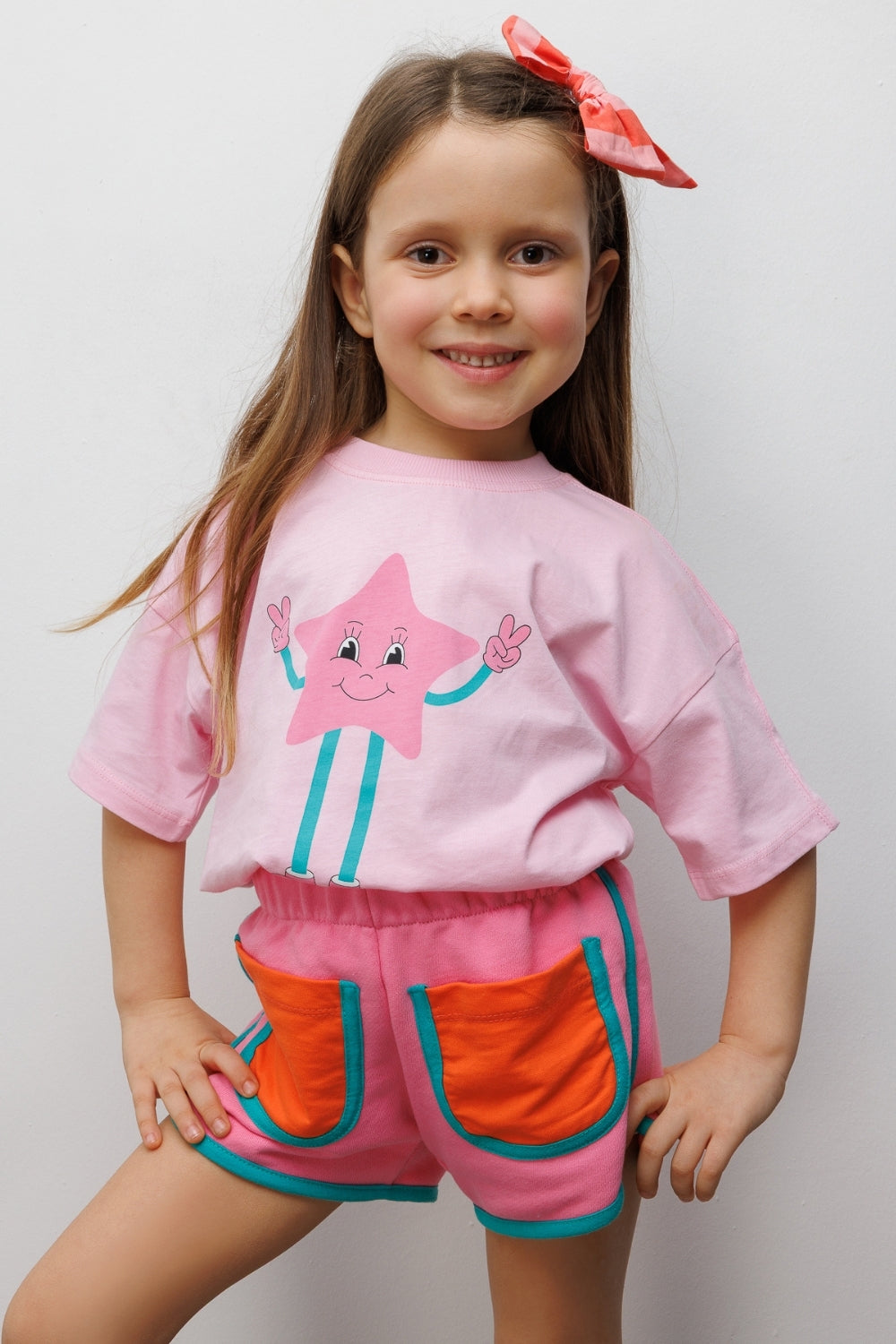 Pembe Mottolu Figürlü Çocuk Tişört Şort İkili Takım - Lole